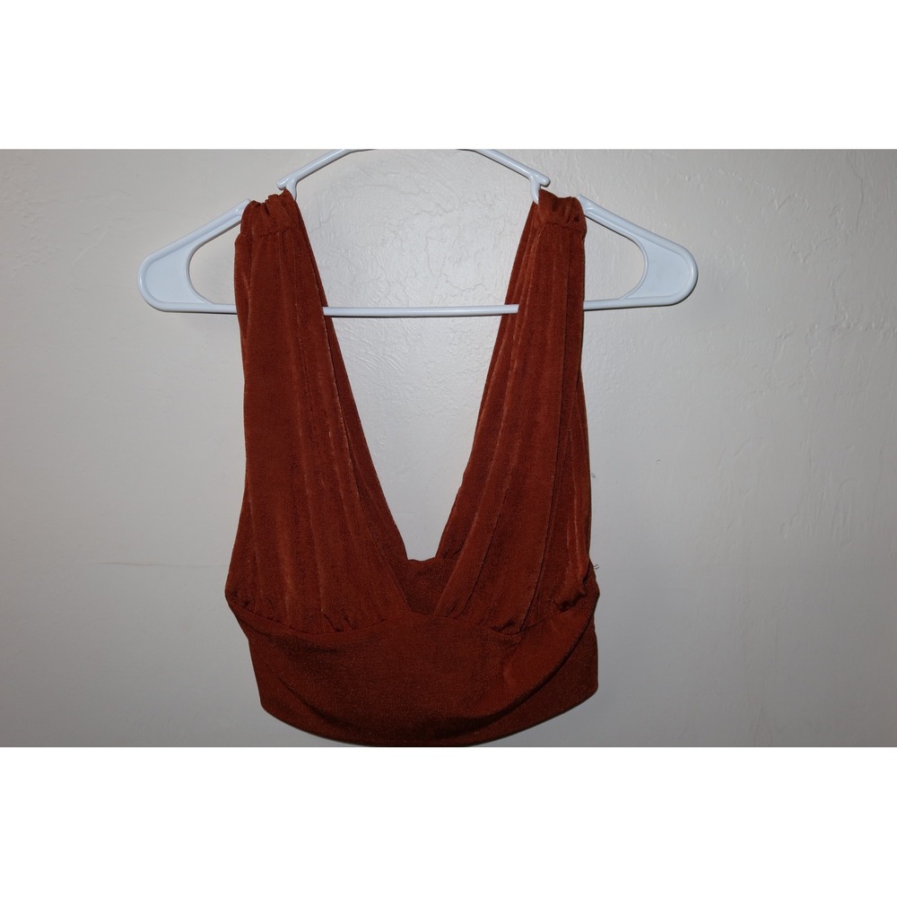Rust Orange Deep V-Neck Sleeveless Crop Top Medium Metallic Textured Stretch